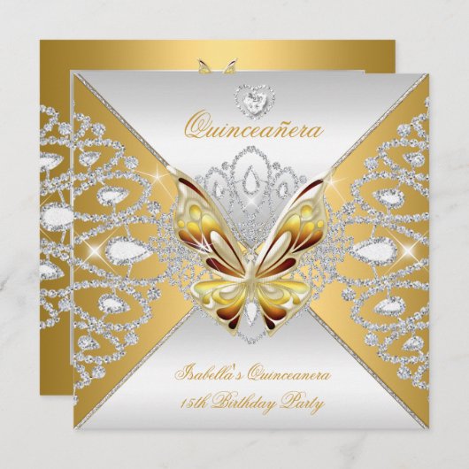 Invitation Papillon Quinceanera 15ème partie Gold Silver Tiar (Devant / Derrière)