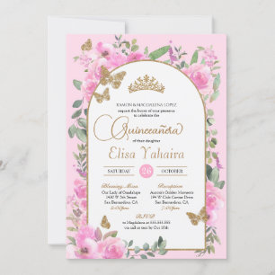 Invitation Papillon Quinceanera Aquarelle rose Floral