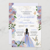Invitation Papillon Quinceanera bleu et rose pâle Roses (Devant / Derrière)
