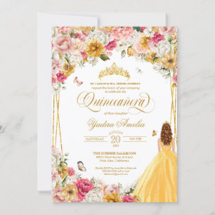 Invitation Papillon Quinceanera Blush Rose Fleuri Jaune