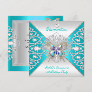Invitation Papillon Quinceanera Couronne Teal Argent 15 ans 2