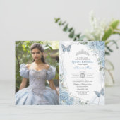 Invitation Papillon Quinceañera en argent bleu Dusty (Debout devant)