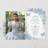 Invitation Papillon Quinceañera en argent bleu Dusty (Devant / Derrière)