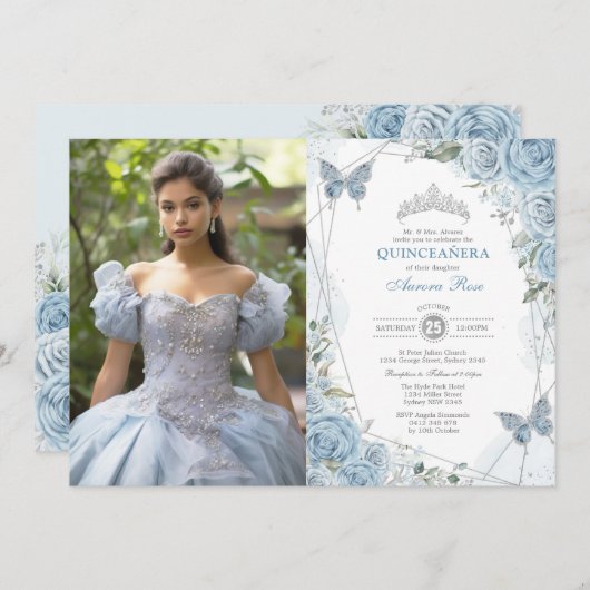 Invitation Papillon Quinceañera en argent bleu Dusty (Devant / Derrière)