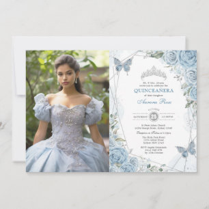 Invitation Papillon Quinceañera en argent bleu Dusty