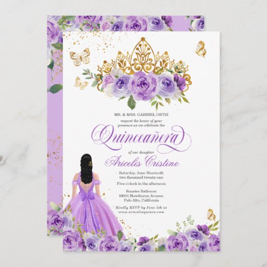 Invitation Papillon Quinceañera & Fleurs d'aquarelle violette (Devant / Derrière)