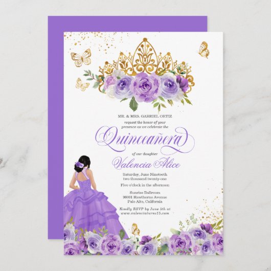 Invitation Papillon Quinceañera + Fleurs d'aquarelle violette (Devant / Derrière)