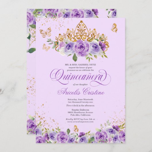 Invitation Papillon Quinceañera & Fleurs d'aquarelle violette (Devant / Derrière)