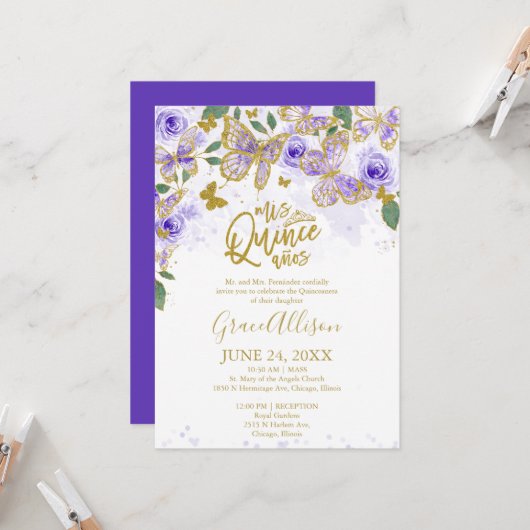 Invitation papillon Quinceanera Formulation anglai (Devant/Arrière en situation)