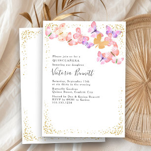 Invitation Papillon Quinceanera Or rose 15e anniversaire