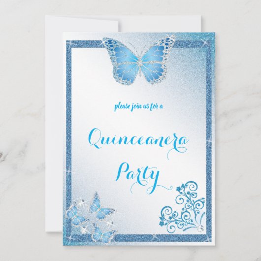 Invitation papillon quinceanera parties scintillant bleue élé (Devant)