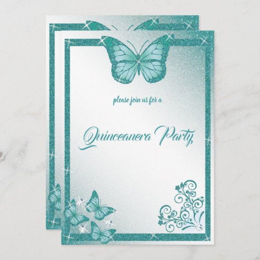 Invitation papillon quinceanera parties scintillant turquoise (Devant / Derrière)