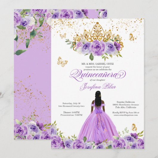 Invitation Papillon Quinceañera Purple Aquarelle Fleurs (Devant / Derrière)