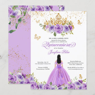 Invitation Papillon Quinceañera Purple Aquarelle Fleurs Dans