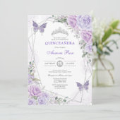 Invitation Papillon Quinceañera Purple Lilac Silver Floral (Debout devant)