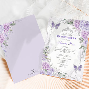 Invitation Papillon Quinceañera Purple Lilac Silver Floral