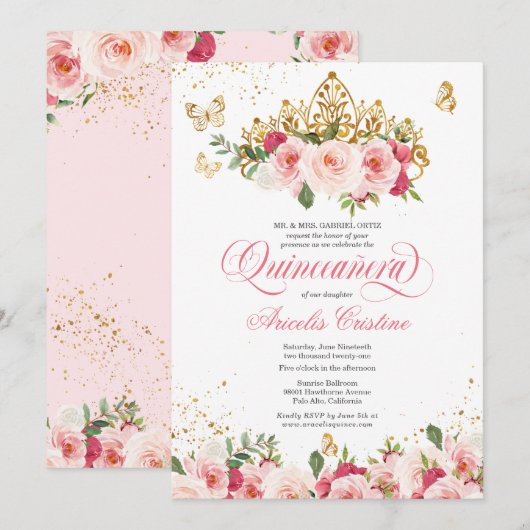 Invitation Papillon Quinceañera & Rose d'aquarelle rose pâle (Devant / Derrière)