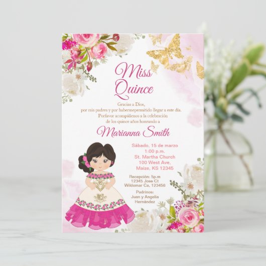 Invitation Papillon Quinceanera Rose Princesse (Debout devant)