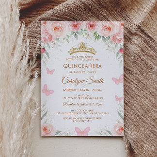 Invitation Papillon Quinceañera rose rose pâle