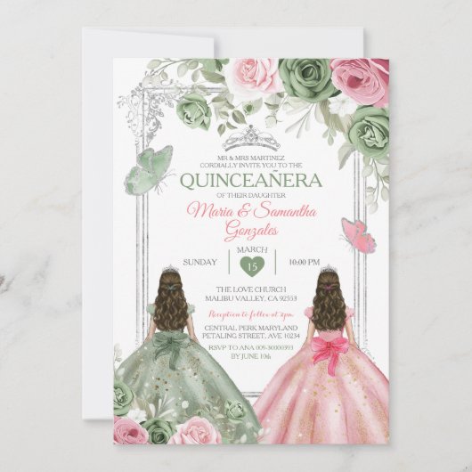 Invitation Papillon Quinceañera Sage Vert Et Rose Twin (Devant)