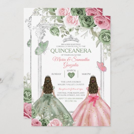 Invitation Papillon Quinceañera Sage Vert Et Rose Twin (Devant / Derrière)