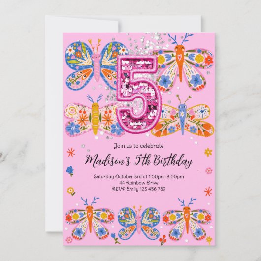Invitation Papillon rose 5e anniversaire (Devant)