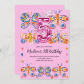 Invitation Papillon rose 5e anniversaire (Devant / Derrière)