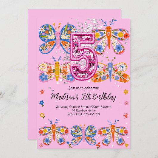 Invitation Papillon rose 5e anniversaire (Devant / Derrière)