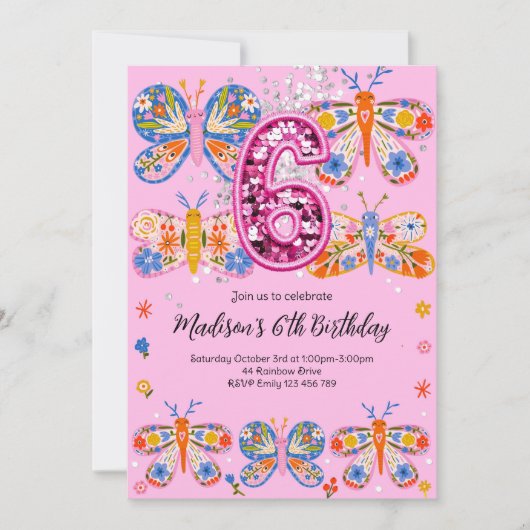 Invitation Papillon rose 6e anniversaire (Devant)