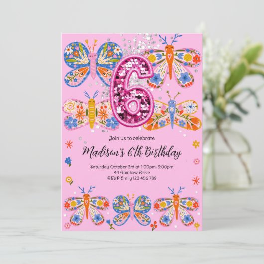 Invitation Papillon rose 6e anniversaire (Debout devant)