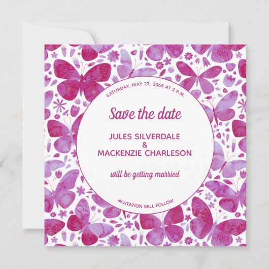 Invitation Papillon rose aquarelle mariage Enregistrer la dat (Devant)