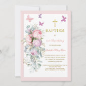 Invitation Papillon Rose Baptême Premier Anniversa (Devant)