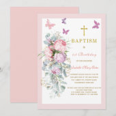 Invitation Papillon Rose Baptême Premier Anniversa (Devant / Derrière)