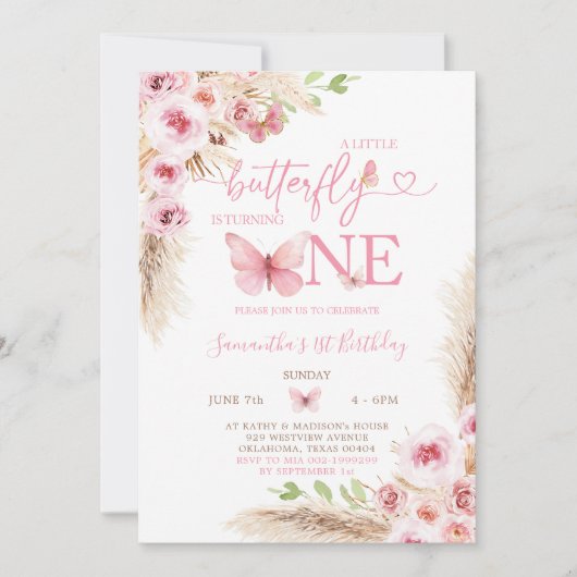 Invitation Papillon rose Boho Premier anniversaire Floral (Devant)