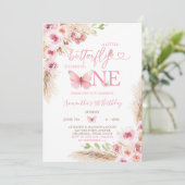 Invitation Papillon rose Boho Premier anniversaire Floral (Debout devant)
