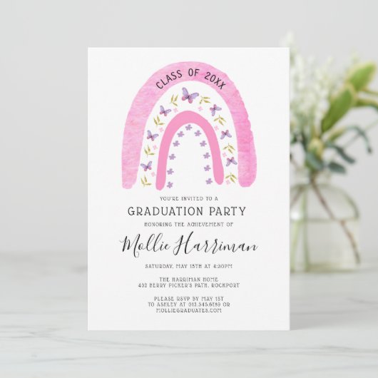 Invitation Papillon rose Boho Rainbow Girly Graduation (Debout devant)