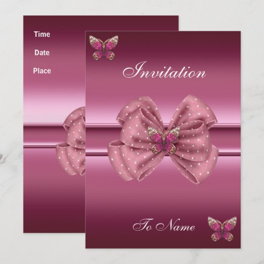 Invitation Papillon rose Bow (Devant / Derrière)