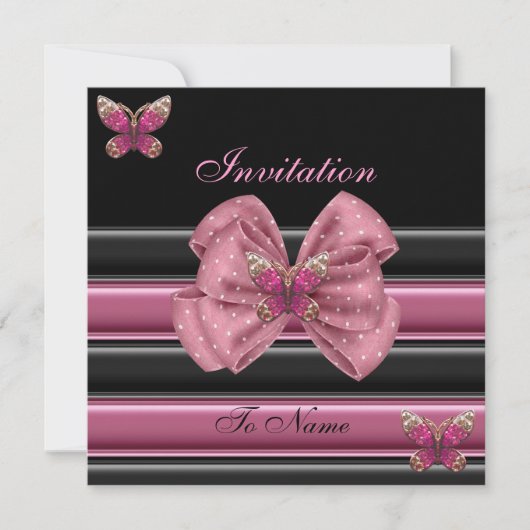 Invitation Papillon rose Bow Black Stripe 2 (Devant)