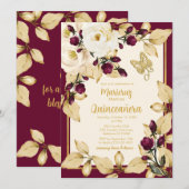 Invitation Papillon Rose Champagne et Bourgogne Gold Feuille (Devant / Derrière)