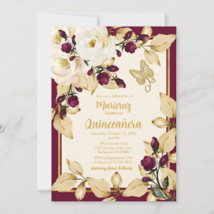 Invitation Papillon Rose Champagne et Bourgogne Gold Feuille