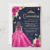 Invitation Papillon rose chaud Floral Marine Gold Quinceanera (Devant)