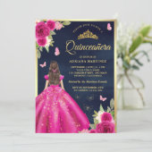 Invitation Papillon rose chaud Floral Marine Gold Quinceanera (Debout devant)