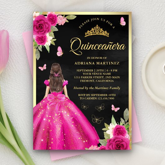 Invitation Papillon rose chaud Floral Noir Quinceanera Or
