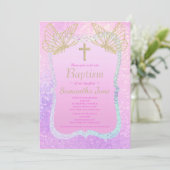 Invitation Papillon rose Croix d'or Baptême religieux (Debout devant)