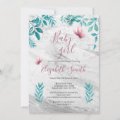 Invitation Papillon rose d'aquarelle fleurie de marbre (Devant)