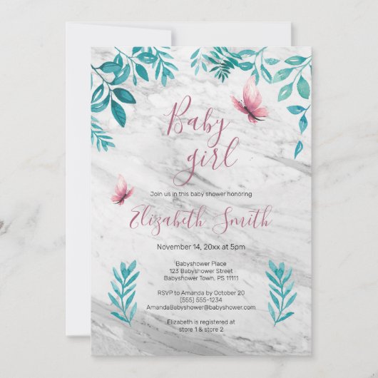 Invitation Papillon rose d'aquarelle fleurie de marbre (Devant)