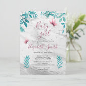 Invitation Papillon rose d'aquarelle fleurie de marbre (Debout devant)