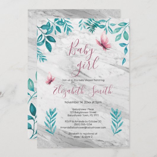 Invitation Papillon rose d'aquarelle fleurie de marbre (Devant / Derrière)