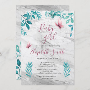 Invitation Papillon rose d'aquarelle fleurie de marbre