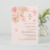 Invitation Papillon rose de pampa pêche luxe Confirmation (Debout devant)